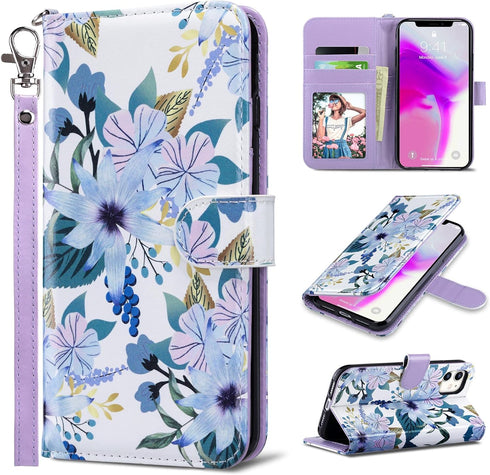 ULAK PU Leather Wallet Case for iPhone 11 with Card Holder, Flip Cover with Kickstand Magnetic Closure - Blossom Blue