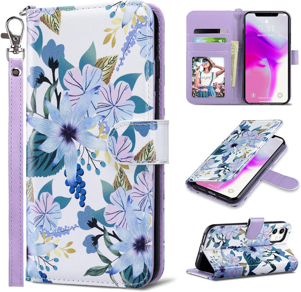 ULAK PU Leather Wallet Case for iPhone 11 with Card Holder, Flip Cover with Kickstand Magnetic Closure - Blossom Blue