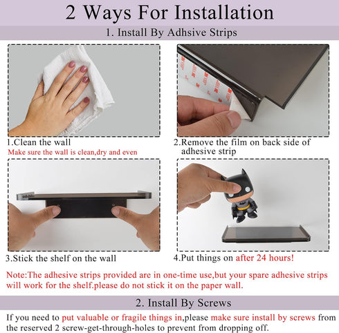 MATIMASU Stick-on Wall Shelf - Small Wall Mounted Adhesive Clear Acrylic Shelf Phone Holder Shelves Wipes Rack