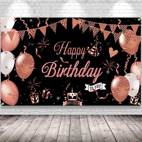 KOKAR Happy Birthday Decorations Banner, Large Black and Rose Gold Sign for Girls Women Birthday Party