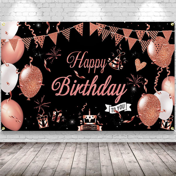 KOKAR Happy Birthday Decorations Banner, Large Black and Rose Gold Sign for Girls Women Birthday Party