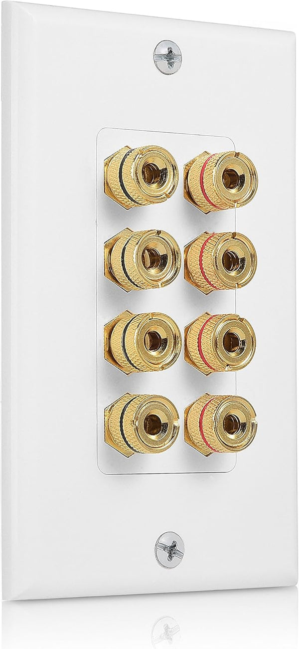 Cable Matters Speaker Wire Wall Plate for 4 Speakers, Banana Plug Wall Plate, White