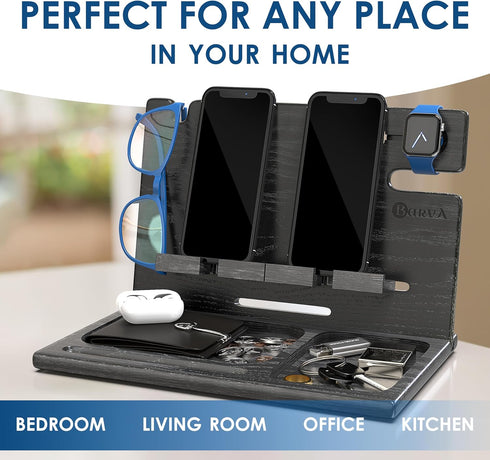 BARVA Gifts for Men Dad Birthday Ideas Wood Docking Station, 2 Phone Nightstand Organizer Table Charging Dock