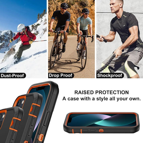 Annymall iPhone 13 Case (Black Orange) - Heavy Duty 3-Layer Shockproof Cover + 2 Screen Protectors for 6.1" Apple