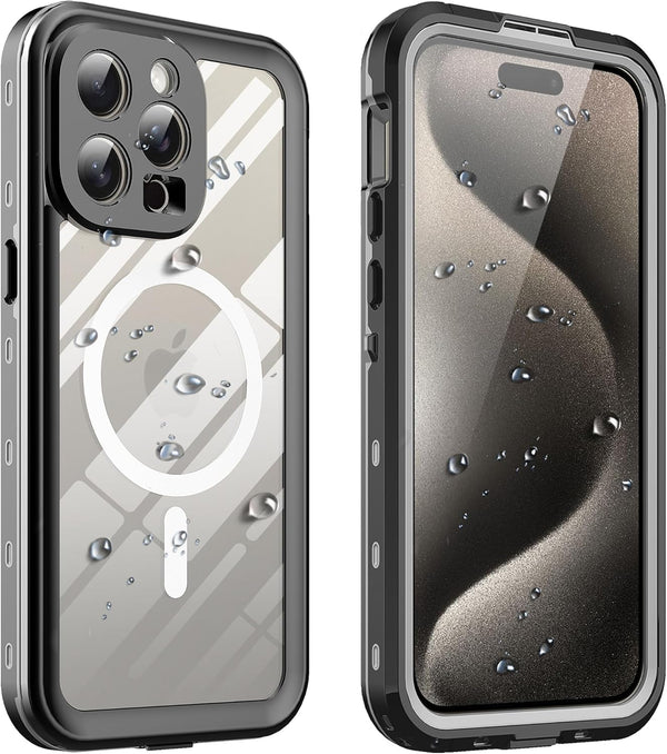 Ezanmull iPhone 15 Pro Max Waterproof Case, Magnetic with Screen Protector, IP68 Dustproof, Black