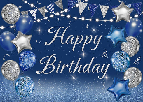 Navy Blue Happy Birthday Backdrop with Silver Glitter Balloons, Star Flag Sequins for Adult Birthday Party Decoration