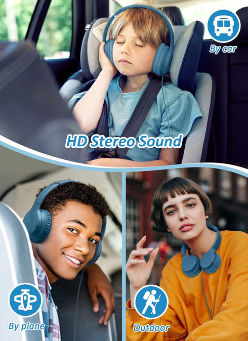 DyBaxa Kids Headphones - Foldable On-Ear, 94dB Volume Limiter, 3.5mm Jack, Dark Blue, Perfect for School & Travel.