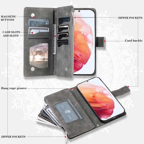Asuwish Wallet Case for Samsung Galaxy S21 5G - 6.2" Flip Cover, Tempered Glass, Wrist Strap, Mandala Flower, Grey.