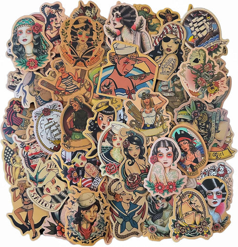 Vintage Stickers Pack, 100pcs Retro Girl Sailor Waterproof Vinyl Decals for Water Bottles, Laptops, Cars, Skateboards