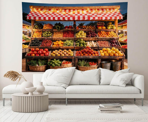 CHNYWORK 10x8ft Farmers Market Fruit Stall Photography Backdrop Red White Checkered Awning Fresh Produce Wooden Crates