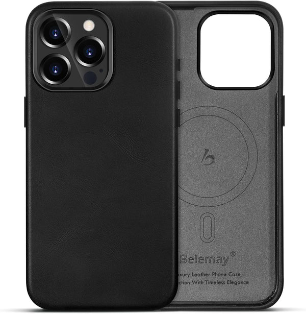 Belemay iPhone 15 Pro Max Leather Case, Compatible with MagSafe, Full-Grain Leather, Slim Fit & Sleek - Black