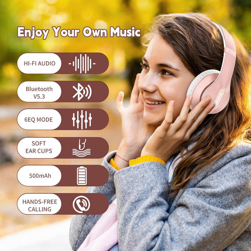 Wireless Bluetooth Headphones Over Ear, 65H Playtime HiFi Stereo Headset with Microphone, Foldable Bluetooth V5.3, Rose