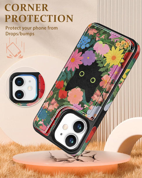 Shorogyt Wallet Case for iPhone 11, Designer Floral Cat Pattern Kickstand Magnetic Clasp Leather Phone Case
