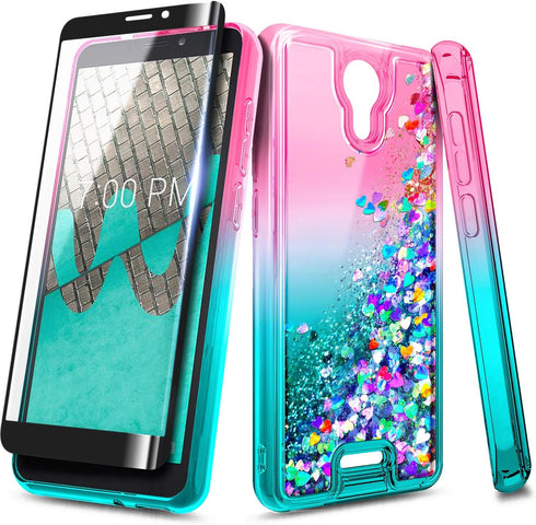 NZND Case for Cricket Icon 2 (2020) U325AC, Glitter Liquid Floating Waterfall Phone Case with Tempered Glass Protector