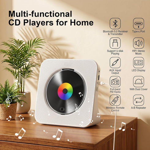 Gueray CD Player Portable Bluetooth Desktop CD Player for Home with Timer Built-in HiFi Speakers with LCD Screen