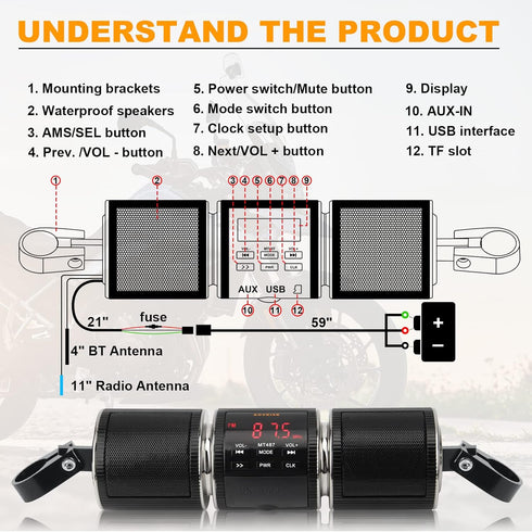 Motorcycle Speaker Systems BT Waterproof Stereo Speakers Bar Mount 7/8-1.25 inch with AUX-in, USB, microSD, FM Radio