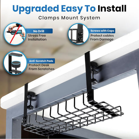 Under Desk Cable Management Tray, 16” No Drill Cord Organizer with Clamps for Wire Management, 4mm Sturdy Wire Desk Cable Organizer Tray, Cable Management Rack for Home & Office (Pack of 1)
