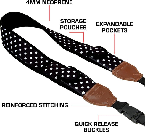 USA Gear TrueSHOT Neoprene Camera Neck Strap - Padded with Pockets and Quick Release Buckles (Polka Dot)