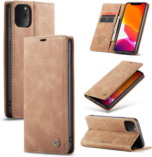 SINIANL iPhone 11 Pro Max Leather Case Book Folding Flip Case with Kickstand and Credit Card Slot, Brown
