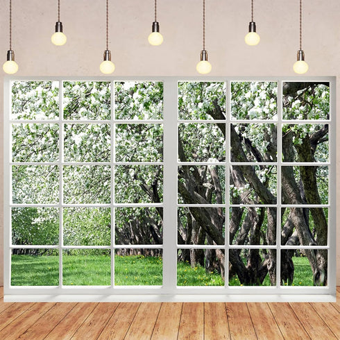 Renaiss 6x4ft White Flowers Trees Window Backdrop for Photoshoot, Spring Scenery Photography Background