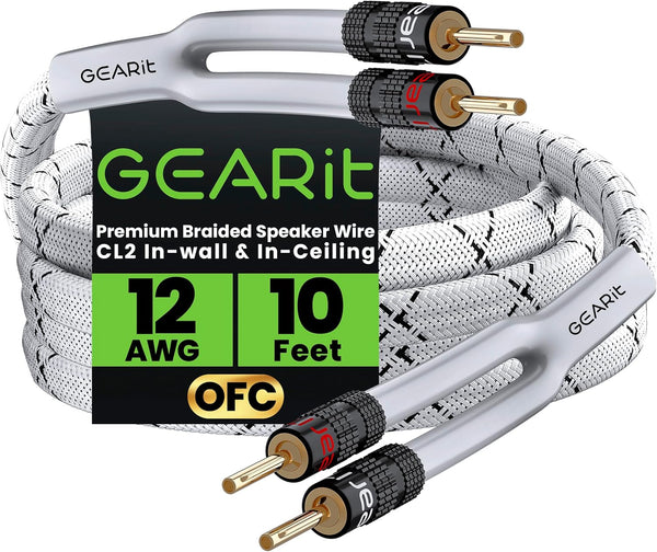 GearIT 12AWG Premium Heavy Duty Braided Speaker Wire Cable (10 Feet) with Dual Gold Plated Banana Plug Tips