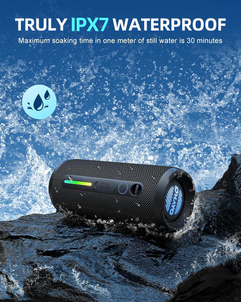 Portable Bluetooth Speaker, 24W Loud Stereo Sound, IPX7 Waterproof, RGB Lights, Up to 30H Playtime