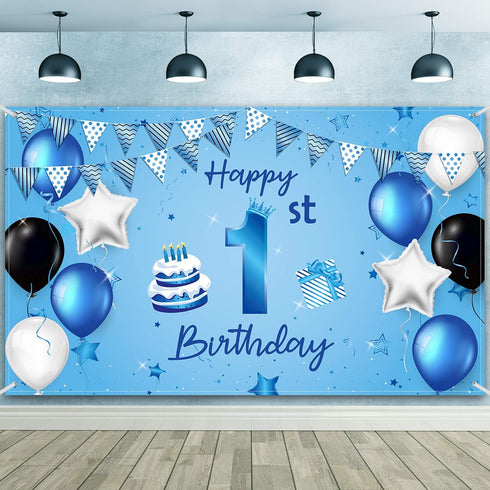Happy 1st Birthday Backdrop Banner, Blue Newborn Boys First Birthday Photography Background for Baby Shower Party 72.8