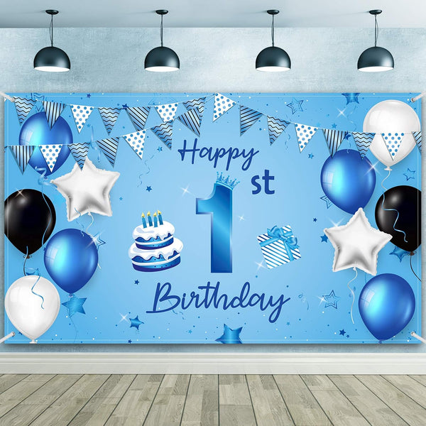 Happy 1st Birthday Backdrop Banner, Blue Newborn Boys First Birthday Photography Background for Baby Shower Party 72.8