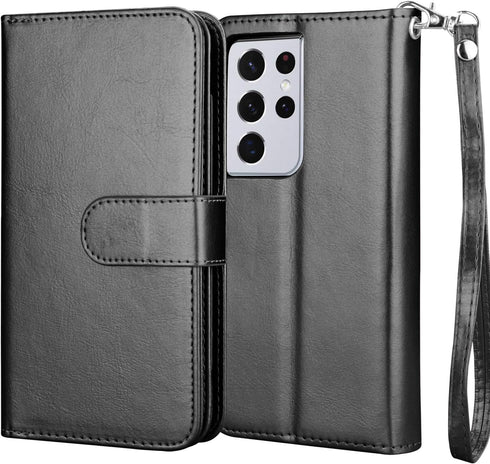 Njjex Wallet Case for Galaxy S21 5G - Black, 9 Card Slots, PU Leather, Detachable Kickstand, Magnetic Cover & Lanyard