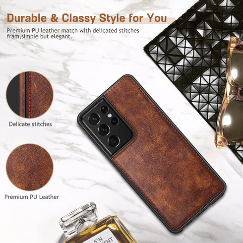 LOHASIC for Galaxy S21 Ultra Case, Premium Leather Luxury Business PU Non-Slip Grip Shockproof Cover - Brown