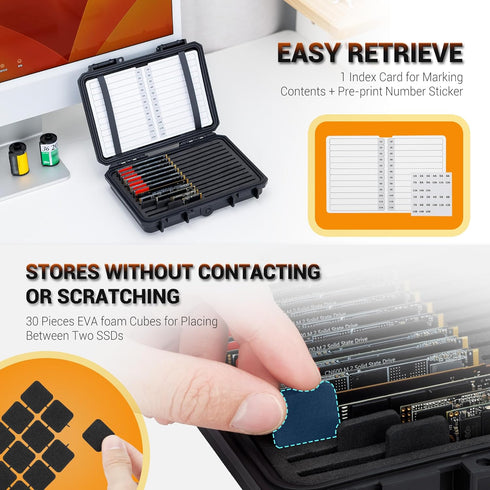 High Capacity 24 Slots M.2 Case, Sturdy NVMe SSD Card Holder with Label & Notepaper, Water-Resistant