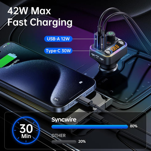 Syncwire Bluetooth 5.4 FM Transmitter Car Adapter, 42W, Dual-Mic, HiFi Bass Sound, Fast Charging, Wireless Music Adapter