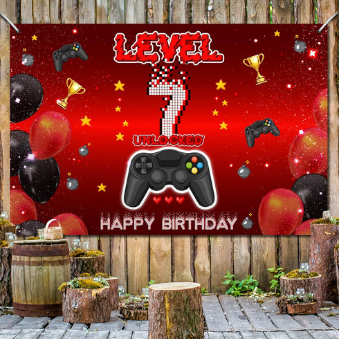 Level 7 Unlocked Backdrop Banner Decorations for Video Game On Happy 7th Birthday, Red and Black Theme