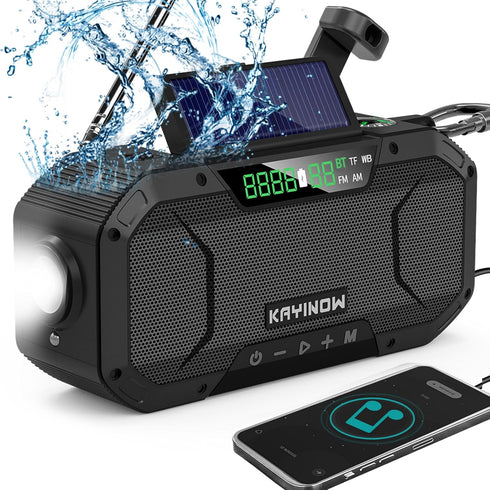 Portable Emergency Weather Radio with Waterproof Bluetooth Speaker, Hand Crank Solar Rechargeable, 5000mAh Charger,