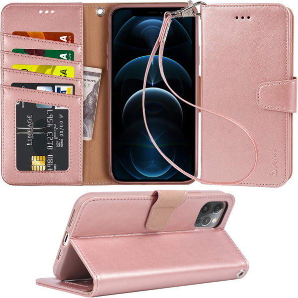 Arae Case for iPhone 12 Pro Max, Wallet Case Flip Cover with Card Holder, 6.7 inch (Rose Gold)