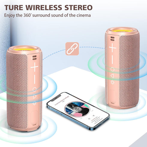 LENRUE F21 Wireless Bluetooth Speaker, Portable Outdoor Waterproof Speakers with Light, Pink