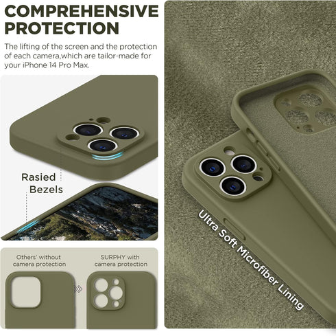 SURPHY iPhone 14 Pro Max Case with Screen Protector, Liquid Silicone, Khaki Green, Soft Microfiber Lining