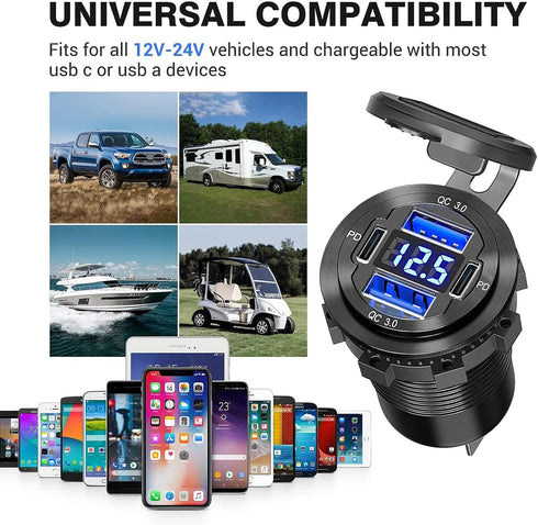12V USB Outlet, 4 USB Port Aluminum Charger Socket, 2 USB C PD & 2 USB QC3.0 for Car, Boat, Marine, Bus, Truck