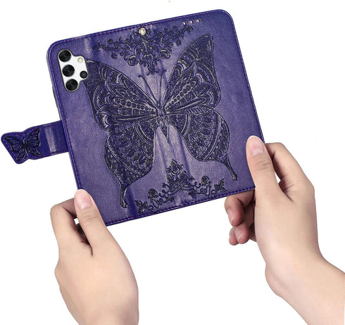 PU Leather Wallet Flip Phone Case with Wrist Strap, Card Slots Holder, Emboss Butterfly Flower Stand Case for Samsung