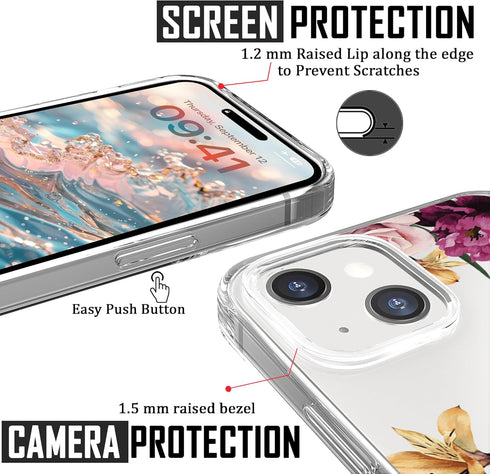 Designed for iPhone 15 Case, Clear Cute Pink Purple Floral Flowers Design, Hard Back Soft Bumper Shockproof Cover