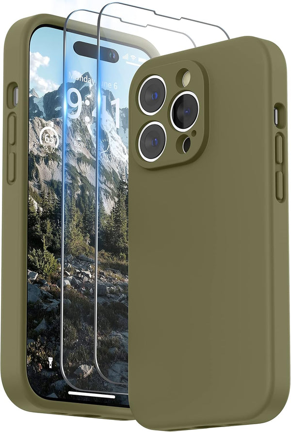 SURPHY iPhone 14 Pro Max Case with Screen Protector, Liquid Silicone, Khaki Green, Soft Microfiber Lining