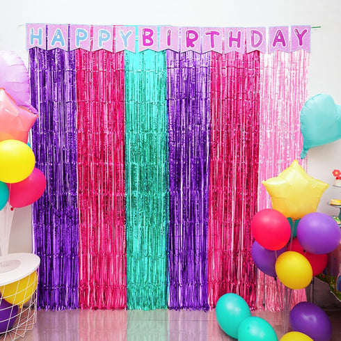Satankya 2 Pack Cute Dollhouse Birthday Decorations, Dollhouse Party Photo Booth Prop, Purple Pink Teal Fringe Curtains