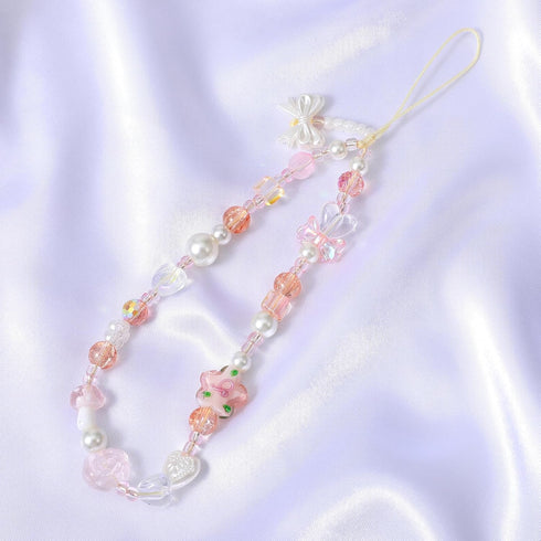 Shimmeroo Y2k Pink Camera Strap Wrist, Cute Glass Beads Digital Phone Wrist Charms Style Pearl Camera Charm Strap