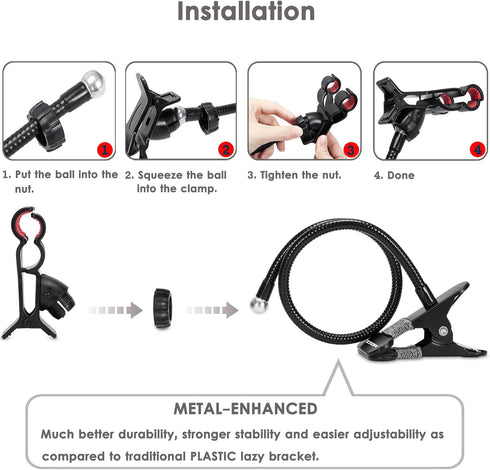 ZTON Metal-Enhanced Mobile Phone Holder, Lazy Bracket with Flexible Long Arms Clip Mount for iPhone, Black