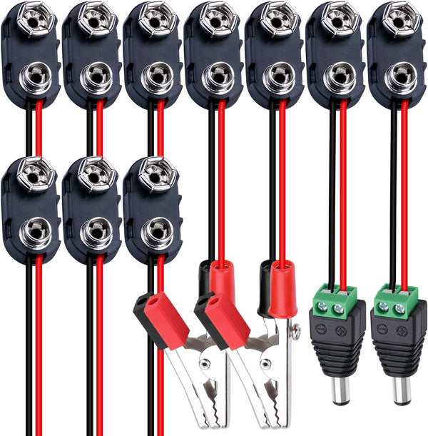 DAIERTEK 10pcs 9V Battery Connector Snap Clip I Type with Alligator Clips and DC Male Power Plug