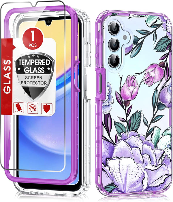 LeYi Dual Layer Cute Flower Pattern Case for Samsung Galaxy A15-5G with Glass Screen Protector, Rugged Shockproof -