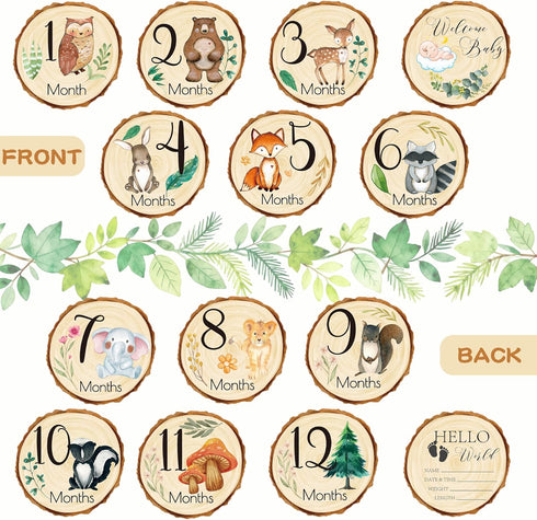 Uflashmi 7Pcs Woodland Baby Monthly Milestone Signs, Double Sided Wooden Months Baby Milestone Cards Markers for Girl