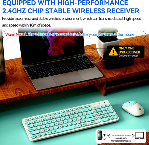 FD Wireless Keyboard and Mouse Combo, 2.4GHz USB Cordless, Cute Round Keys, Slim Set for Laptop & Computer