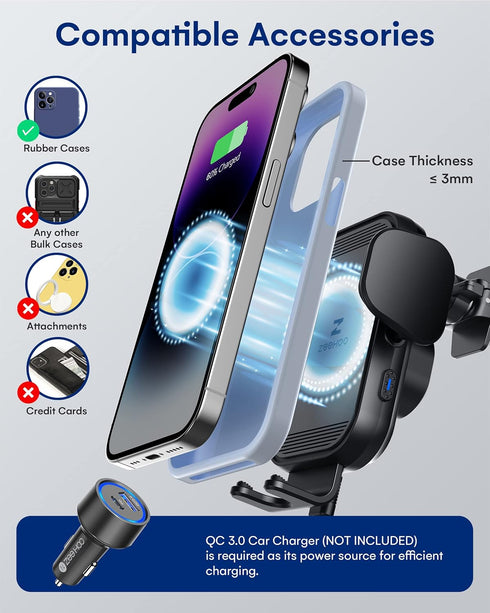 ZeeHoo Wireless Car Charger, 15W Fast Charging Auto Clamping Phone Mount for iPhone 15/14/13/12/11 Pro Max Xs, Etc.