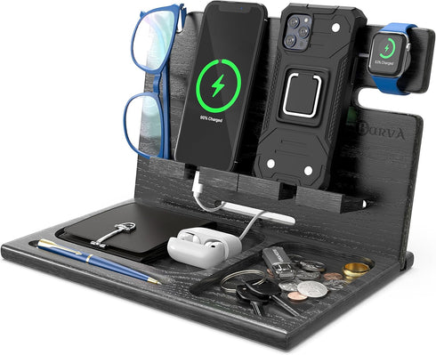 BARVA Gifts for Men Dad Birthday Ideas Wood Docking Station, 2 Phone Nightstand Organizer Table Charging Dock